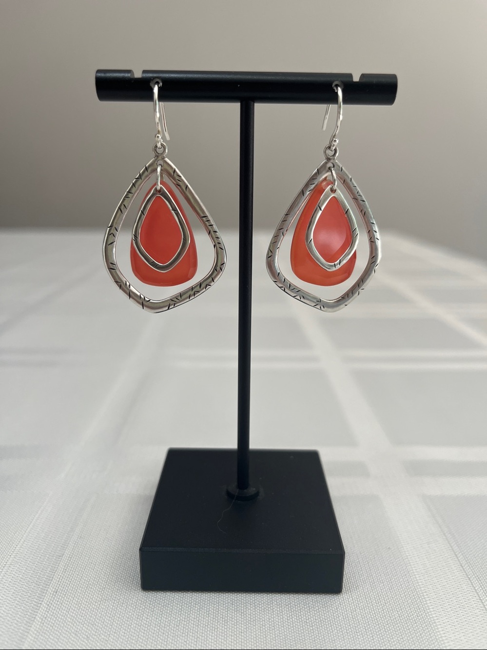 Sterling Silver and Coral Coloured Teardrop Dangle Earrings - Women's Jewelry